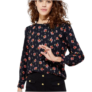 LOFT Puff Shoulder Black Floral Top with Gold Metallic Pattern Long Sleeves S